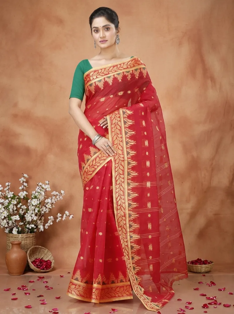 DipDiya Pure Cotton  Traditional Bengali Red Artisan Crafted Gunjan Tant Saree