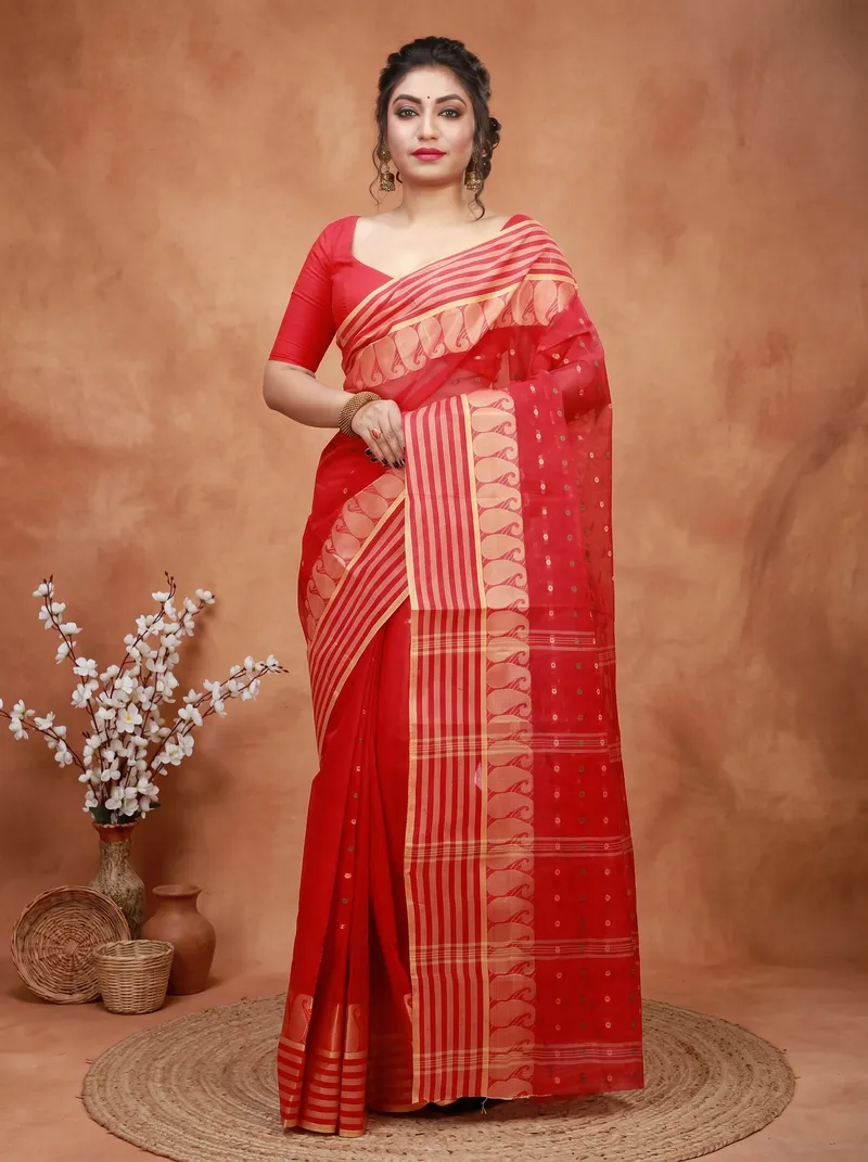 DipDiya Pure Cotton  Traditional Bengali Red Artisan Crafted Moti Buti Tant Saree
