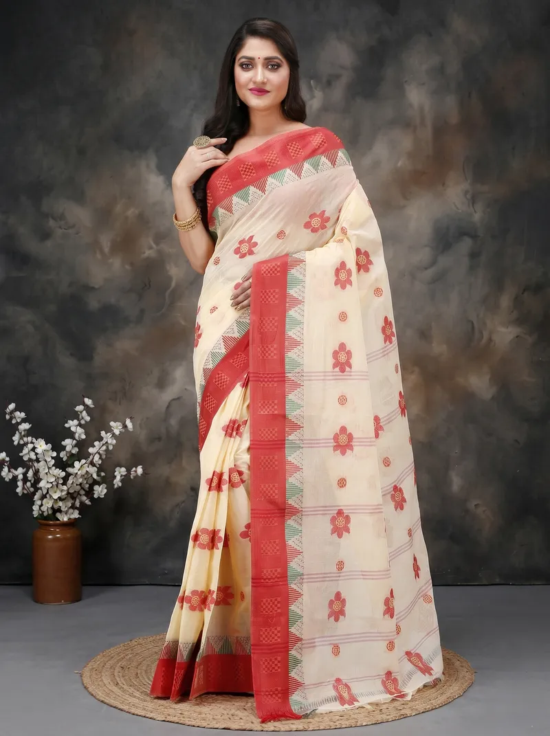 DipDiya Pure Cotton  Traditional Bengali Red Artisan Crafted Palasful Tant Saree