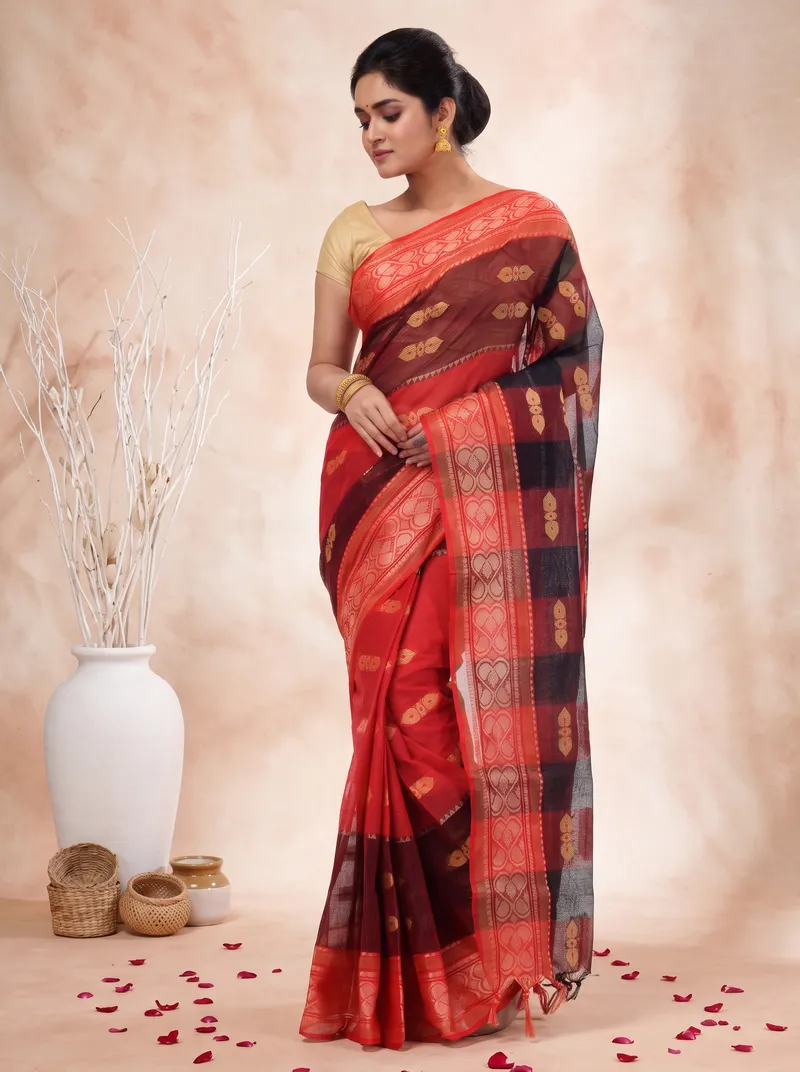 DipDiya Pure Cotton  Traditional Bengali Red Artisan Crafted Raj Nandi Tant Saree