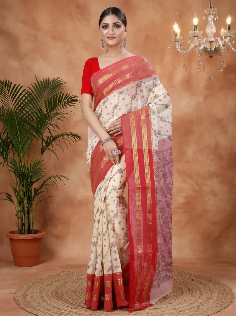 DipDiya Pure Cotton  Traditional Bengali Red Artisan Crafted Rashi Print Printed Tant Saree