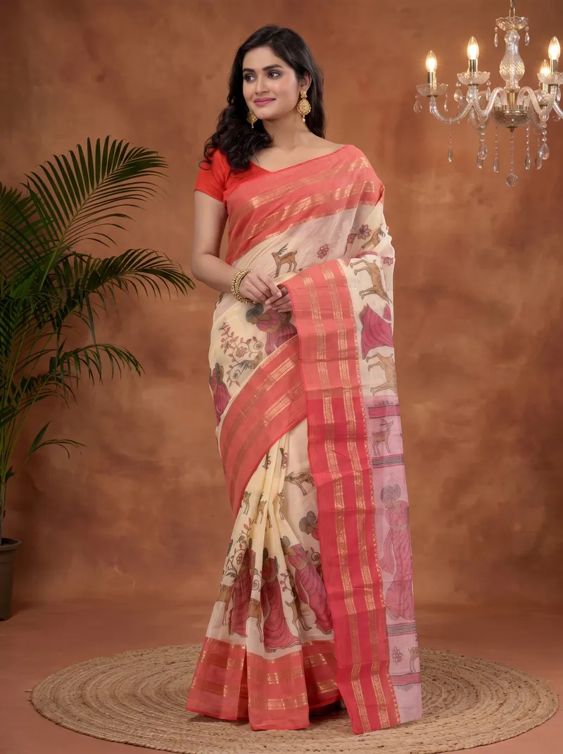 DipDiya Pure Cotton  Traditional Bengali Red Artisan Crafted Sakuntala Printed Tant Saree