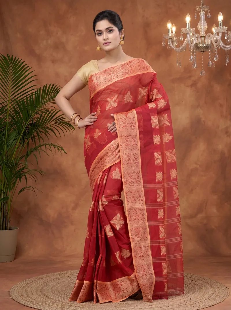 DipDiya Pure Cotton  Traditional Bengali Red Artisan Crafted Suparna Buti Tant Saree