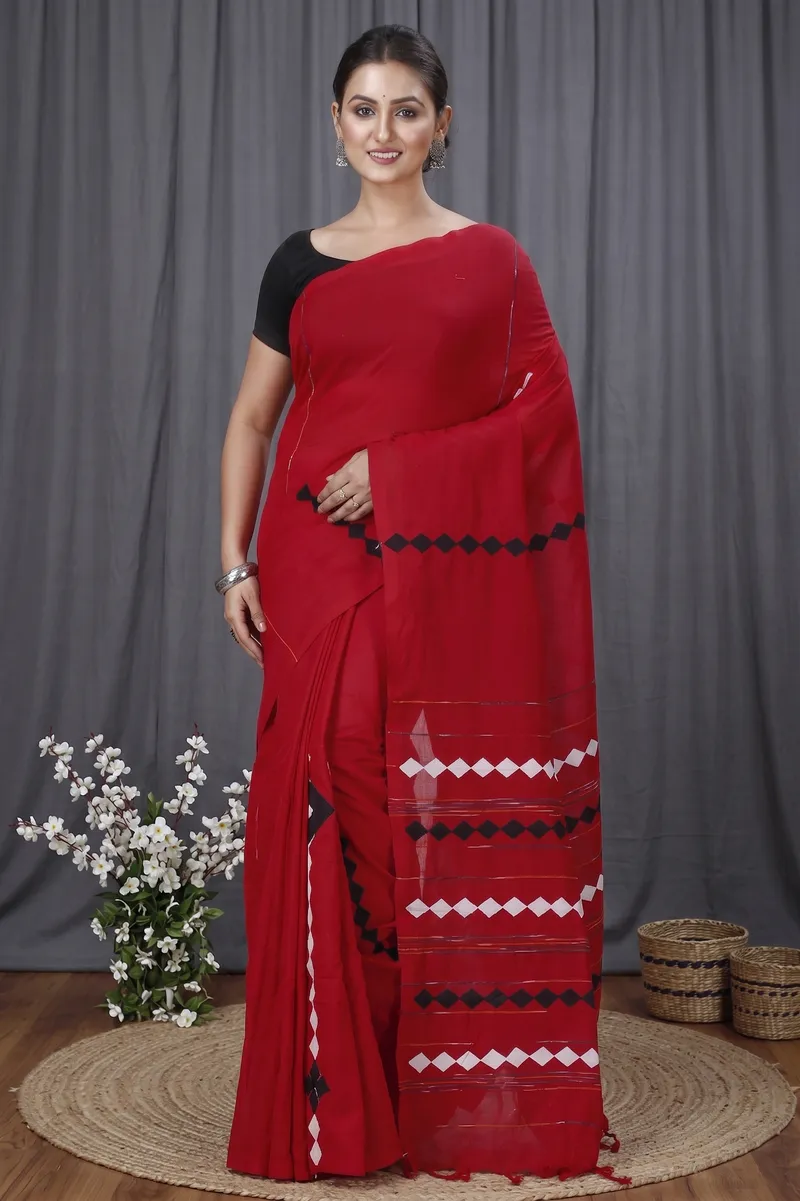 DipDiya Pure Cotton  Traditional Bengali Red Artisan Crafted Tika Applique Saree