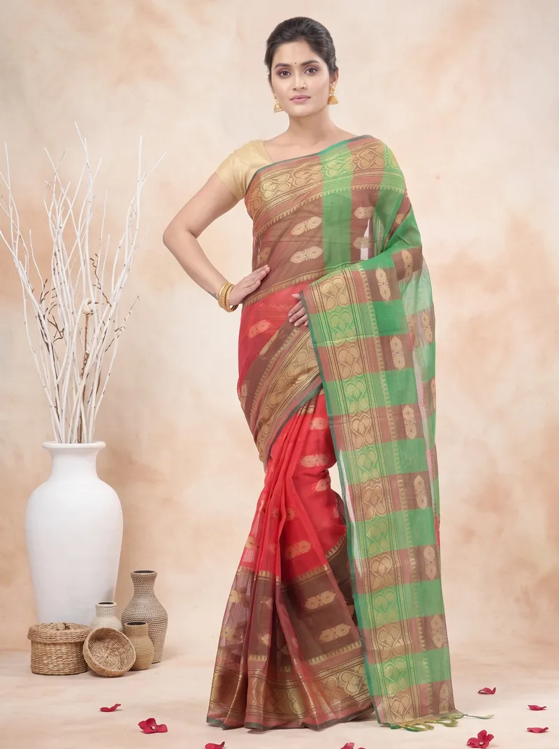 DipDiya Pure Cotton  Traditional Bengali Red Green Artisan Crafted Raj Nandi Tant Saree
