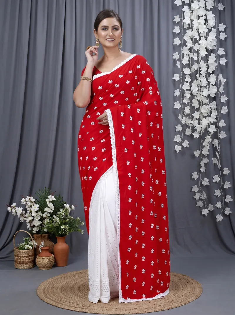 DipDiya Pure Cotton  Traditional Bengali Red White Artisan Crafted LalPori Handloom Saree