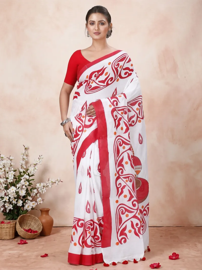 DipDiya Pure Cotton  Traditional Bengali Red White Artisan Crafted Teba Printed Handloom Saree