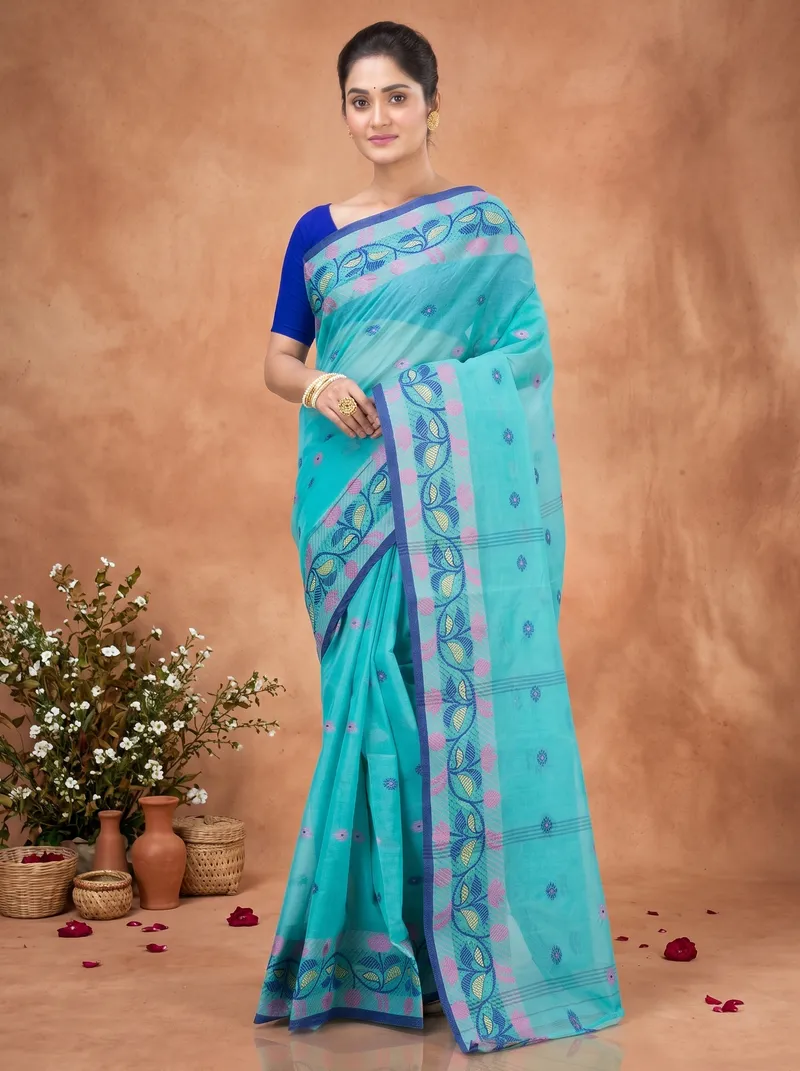 DipDiya Pure Cotton  Traditional Bengali See Green Artisan Crafted Govindi Tant Saree
