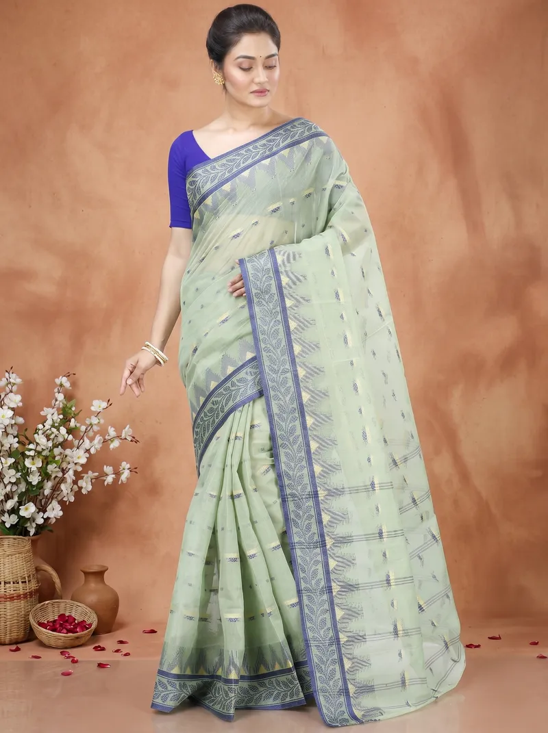 DipDiya Pure Cotton  Traditional Bengali See Green Artisan Crafted Gunjan Tant Saree