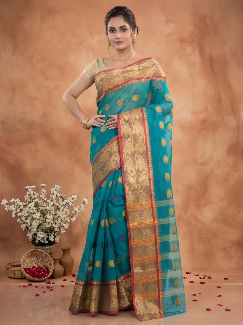 DipDiya Pure Cotton  Traditional Bengali See Green Artisan Crafted HasFul Tant Saree