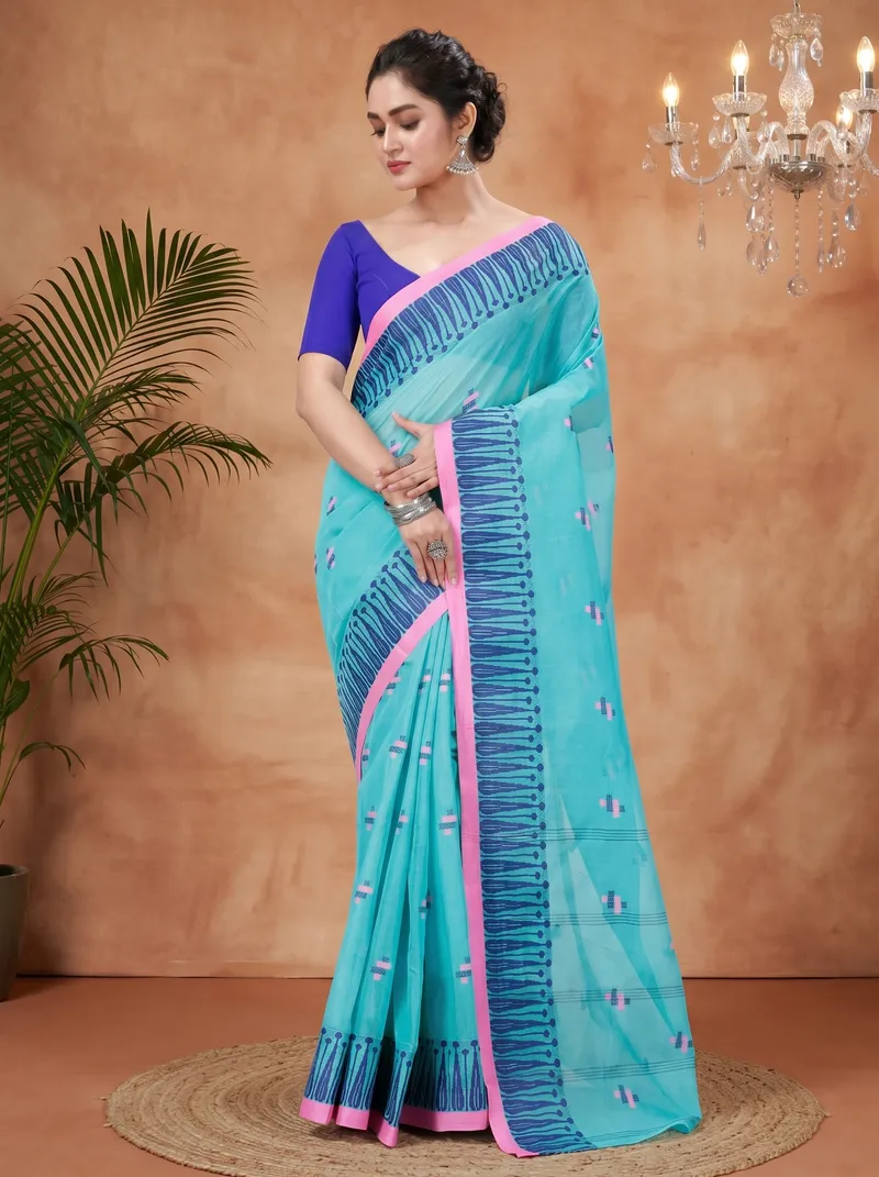 DipDiya Pure Cotton  Traditional Bengali See Green Artisan Crafted Simar Tant Saree