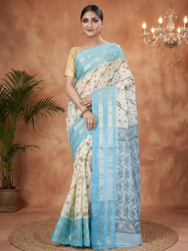 DipDiya Pure Cotton  Traditional Bengali Sky Blue Artisan Crafted Rashi Print Printed Tant Saree
