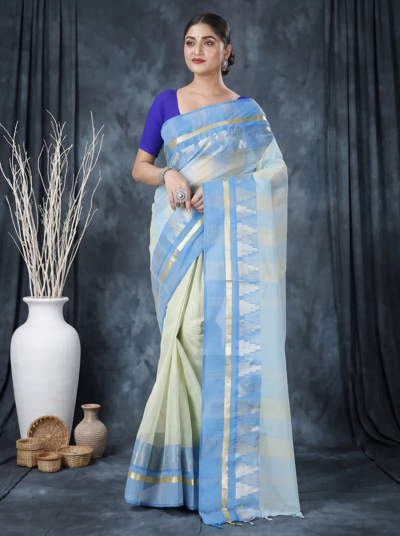 DipDiya Pure Cotton  Traditional Bengali Sky Blue Artisan Crafted Vrinda Tant Saree