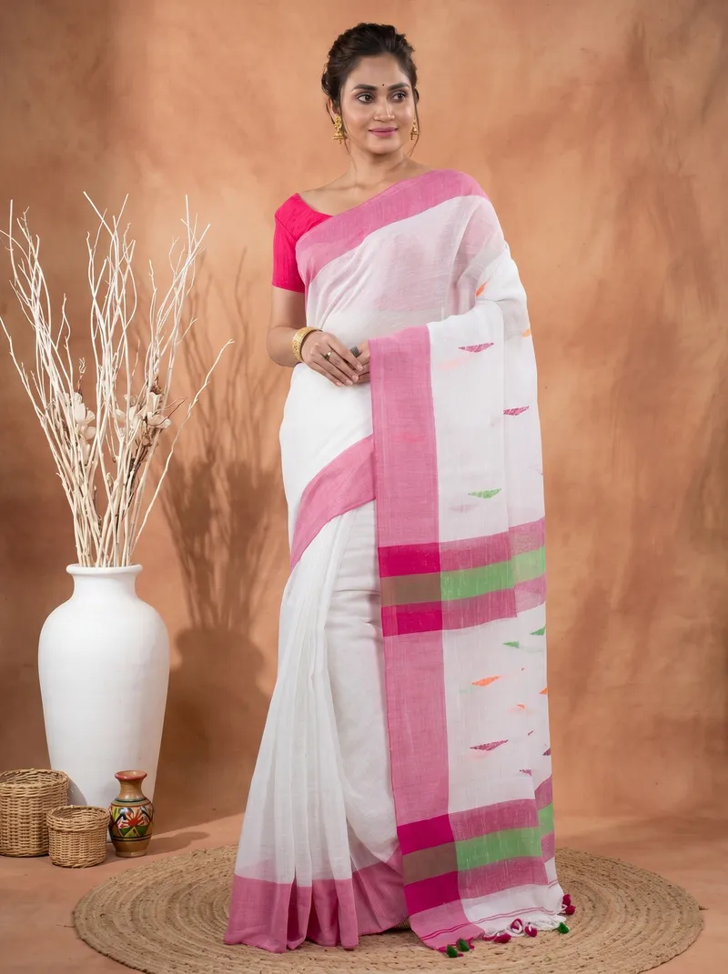 DipDiya Pure Cotton  Traditional Bengali White Artisan Crafted Clasic Than Handloom Saree