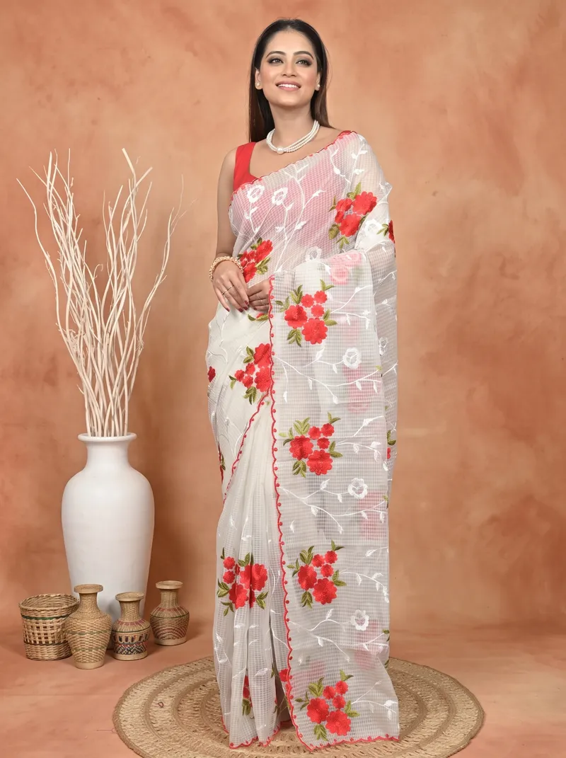 DipDiya Pure Cotton  Traditional Bengali White Artisan Crafted Kotambo Kota Embroidery Saree