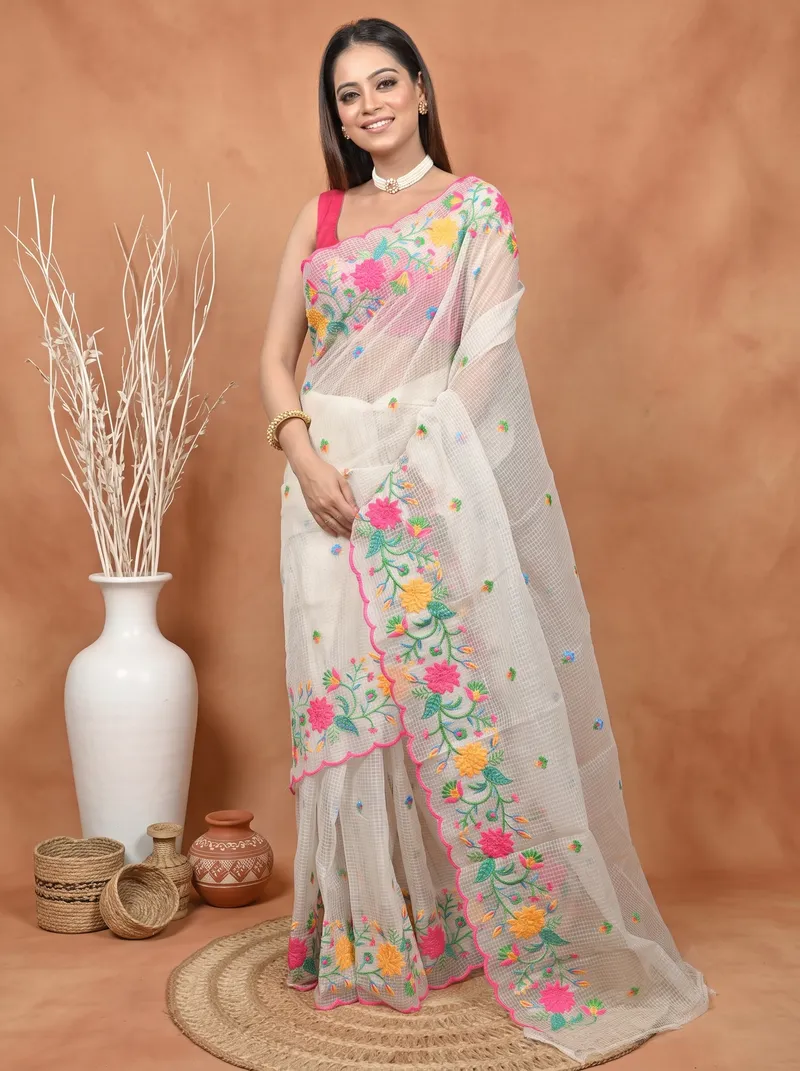 DipDiya Pure Cotton  Traditional Bengali White Artisan Crafted Kotamboi Kota Embroidery Saree