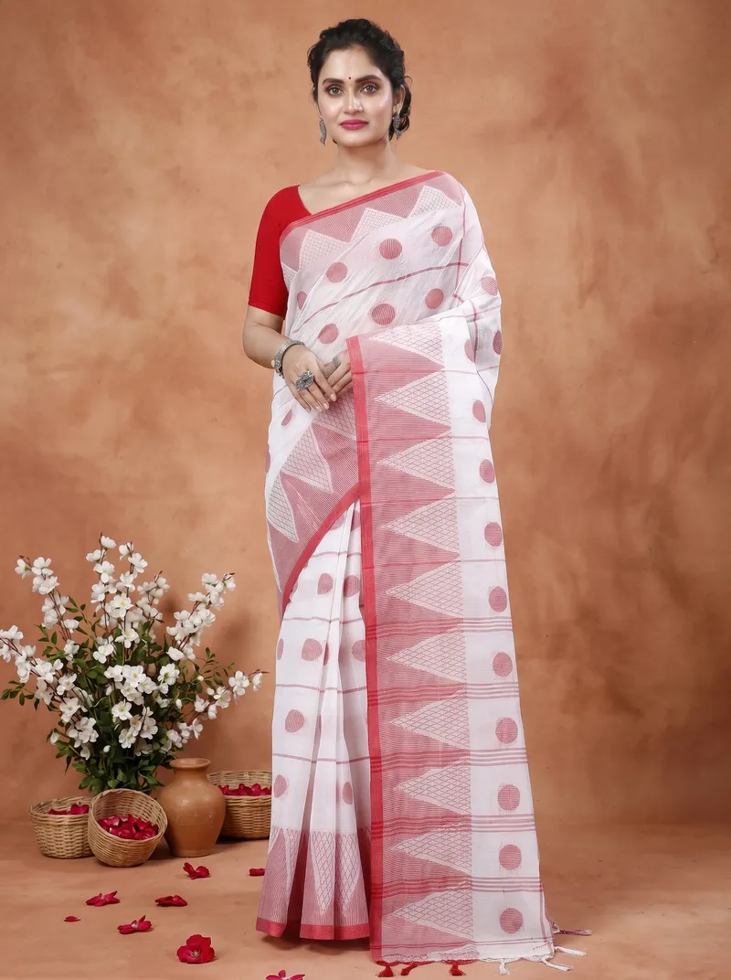 DipDiya Pure Cotton  Traditional Bengali White Artisan Crafted Rebeka Tant Saree