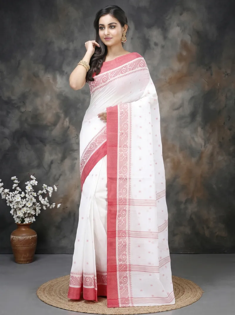 DipDiya Pure Cotton  Traditional Bengali White Artisan Crafted Sorbori Tant Saree