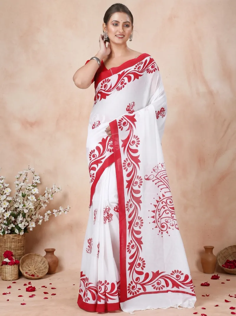 DipDiya Pure Cotton  Traditional Bengali White Artisan Crafted Teba Printed Handloom Saree