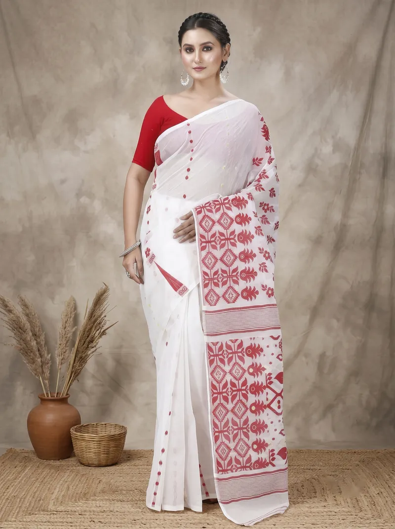 DipDiya Pure Cotton  Traditional Bengali White Artisan Crafted Urmila Jamdani Saree