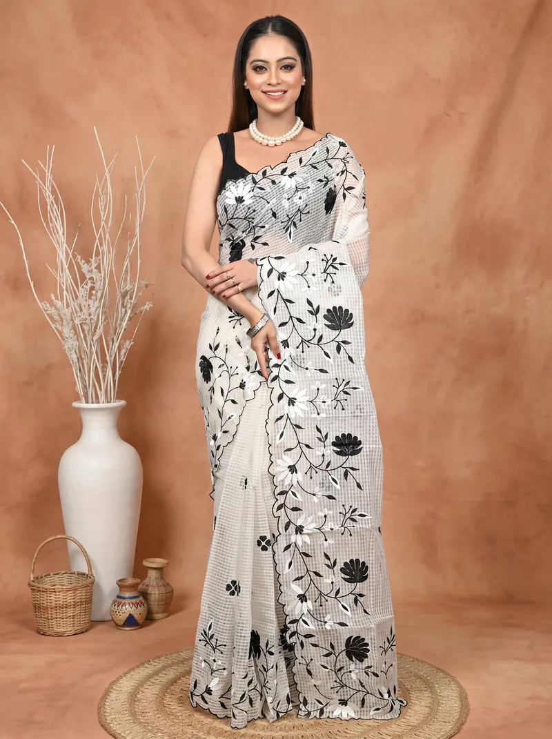 DipDiya Pure Cotton  Traditional Bengali White Black Artisan Crafted Kotambo Kota Embroidery Saree