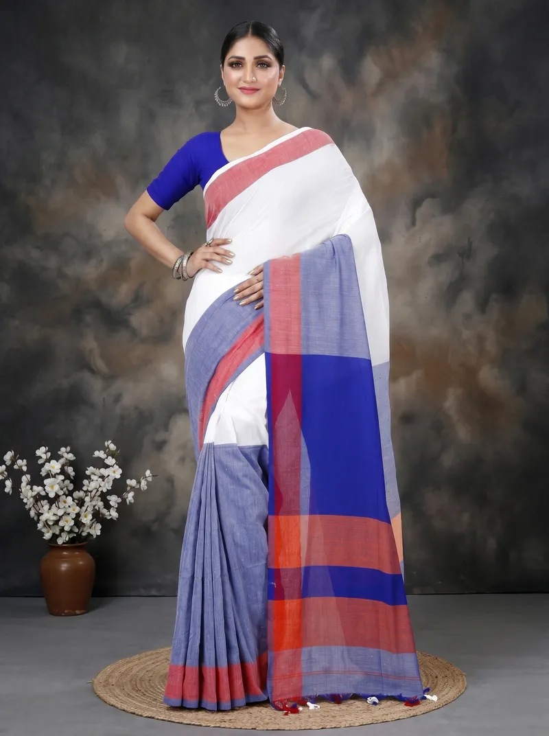 DipDiya Pure Cotton  Traditional Bengali White Blue Artisan Crafted Kousiki Handloom Saree