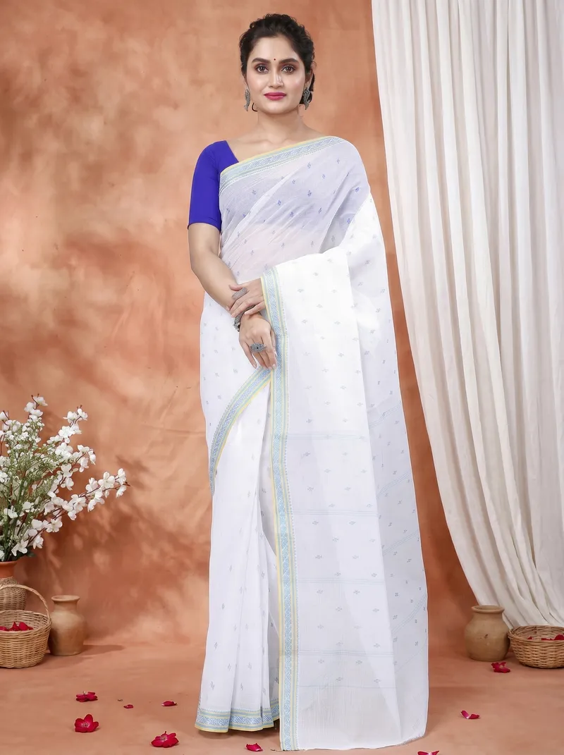 DipDiya Pure Cotton  Traditional Bengali White Blue Artisan Crafted Regina Tant Saree