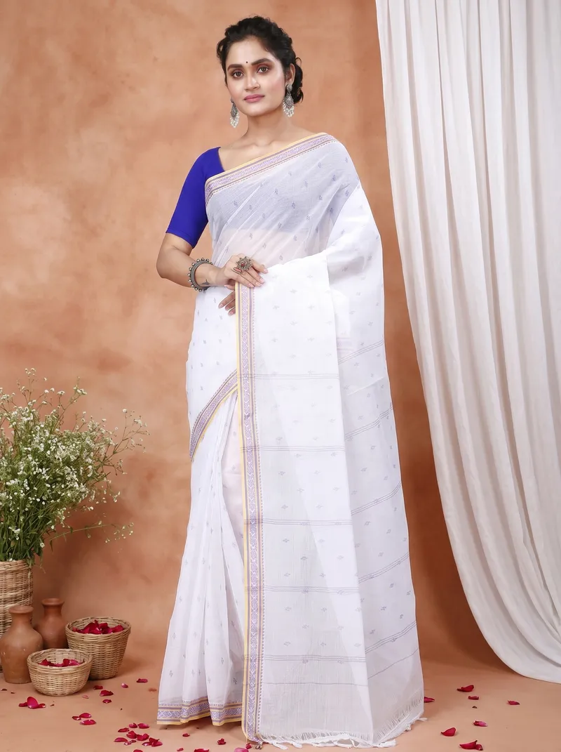DipDiya Pure Cotton  Traditional Bengali White Brown Artisan Crafted Regina Tant Saree