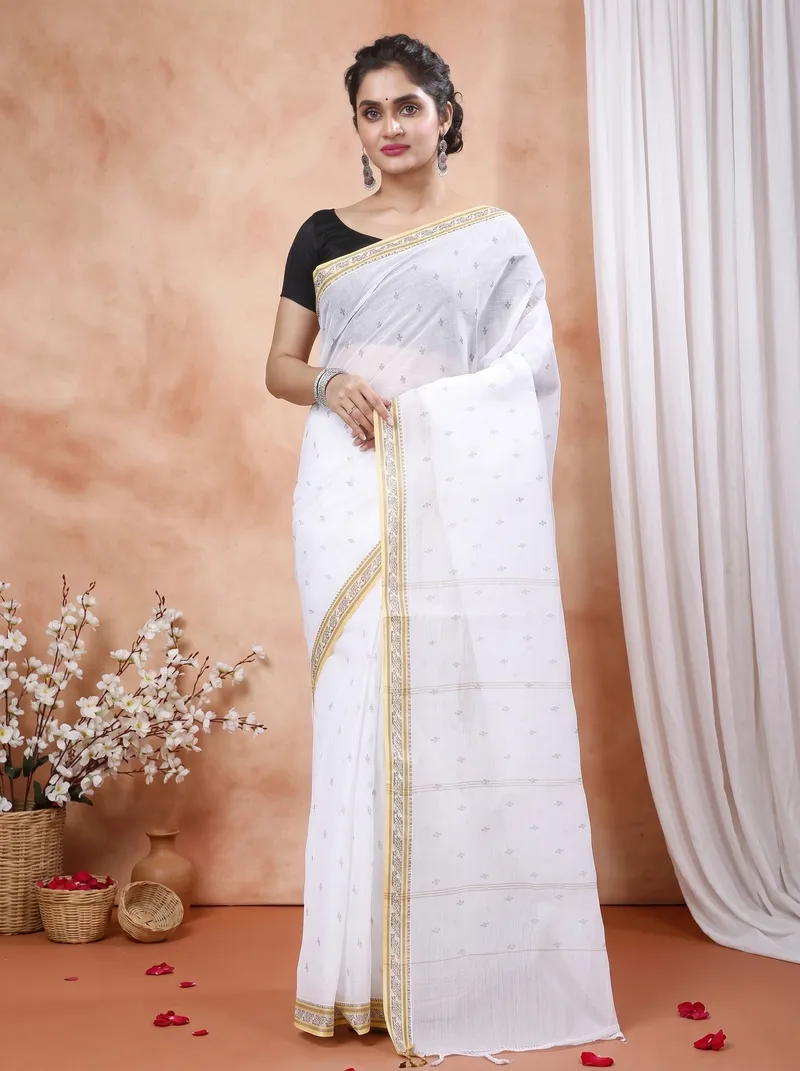 DipDiya Pure Cotton  Traditional Bengali White Golden Artisan Crafted Regina Tant Saree