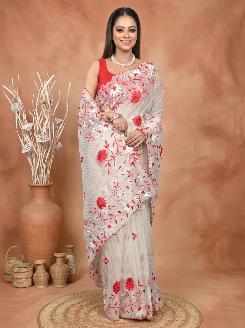 DipDiya Pure Cotton  Traditional Bengali White Red Artisan Crafted Kotambo Kota Embroidery Saree