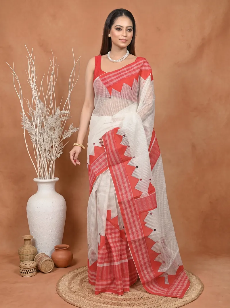 DipDiya Pure Cotton  Traditional Bengali White Red Artisan Crafted Kotaplik Kota Applique Saree