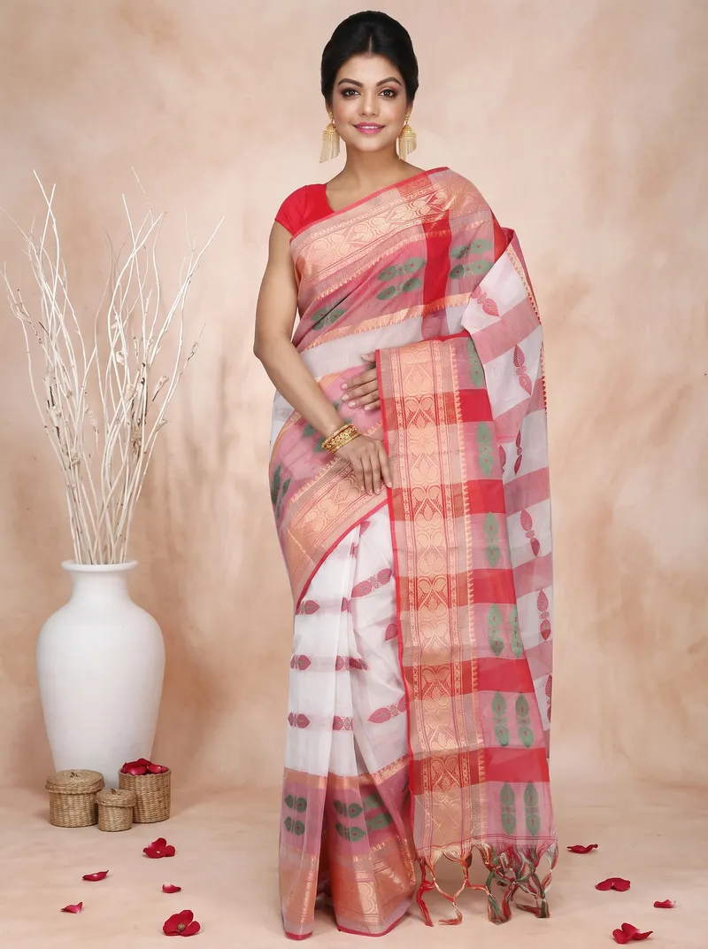DipDiya Pure Cotton  Traditional Bengali White Red Artisan Crafted Raj Nandi Tant Saree