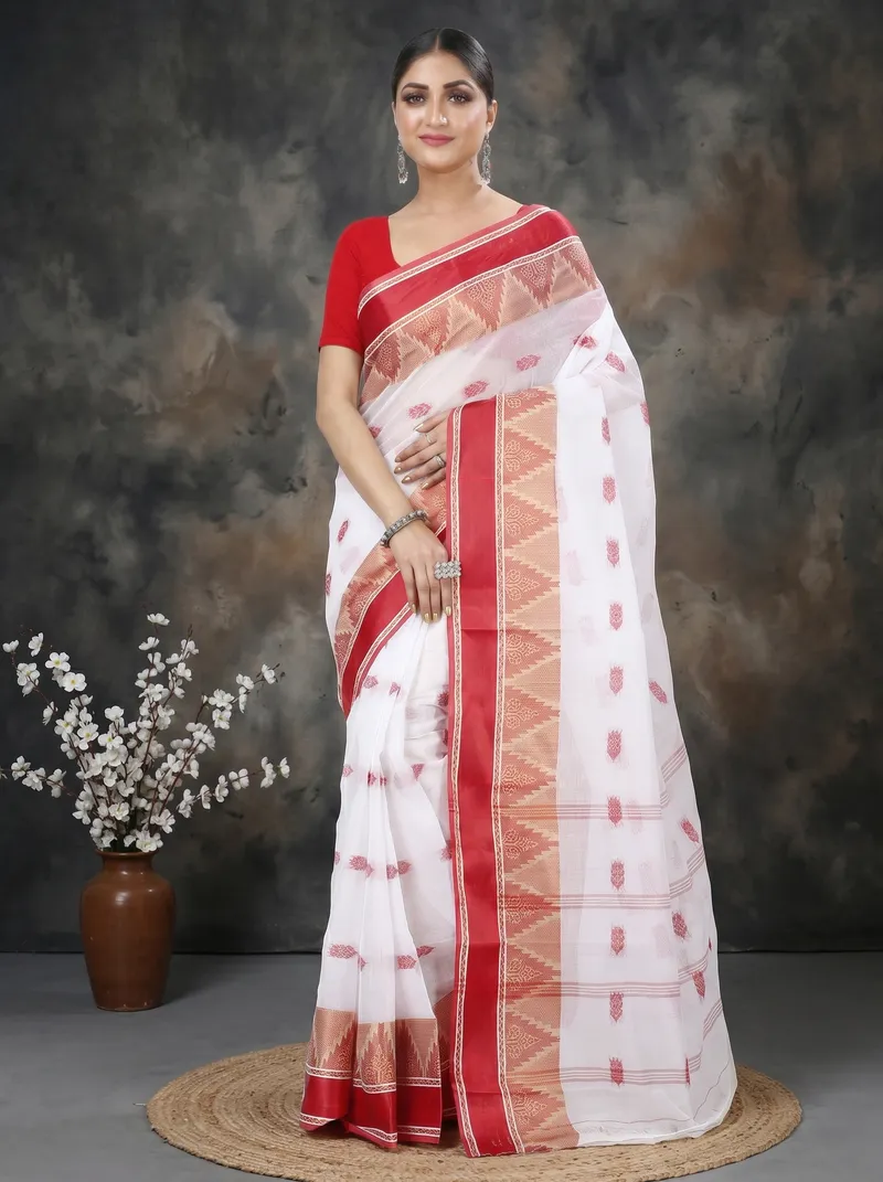 DipDiya Pure Cotton  Traditional Bengali White Red Artisan Crafted Sadasob Tant Saree