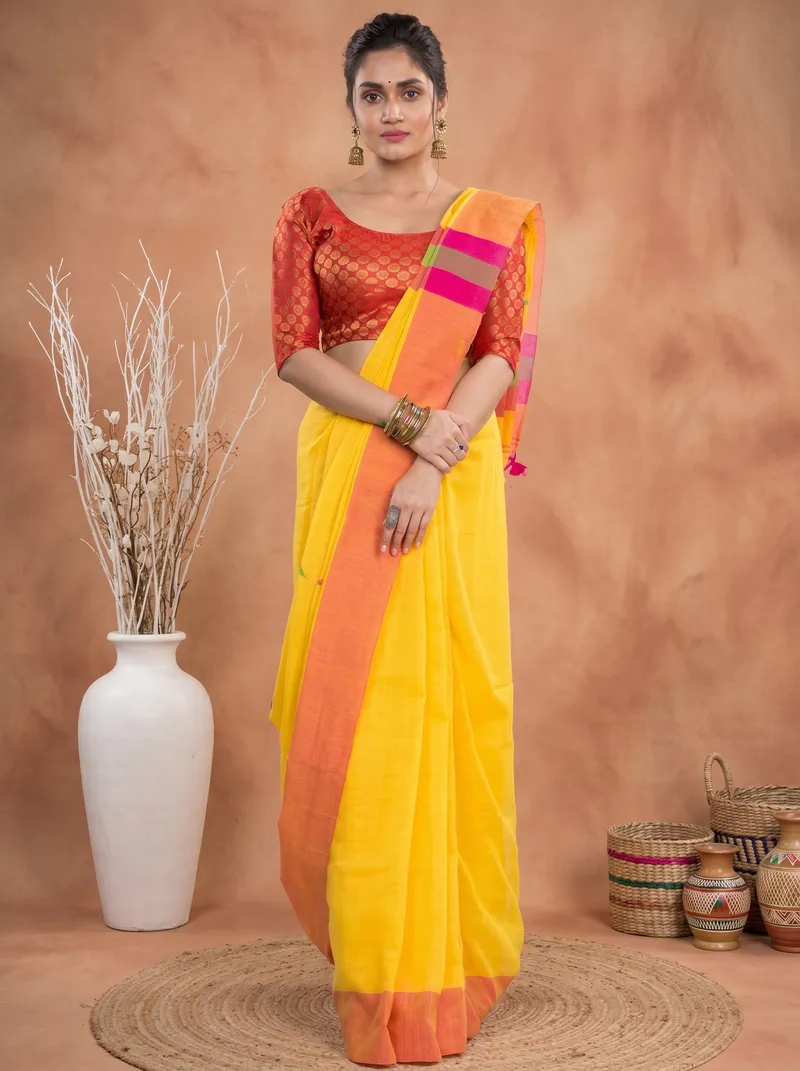 DipDiya Pure Cotton  Traditional Bengali Yellow Artisan Crafted Clasic Thann Handloom Saree