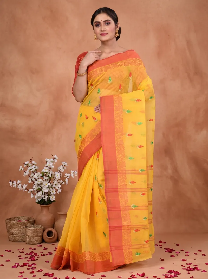 DipDiya Pure Cotton  Traditional Bengali Yellow Artisan Crafted Clasic Than Embroidery Tant Saree