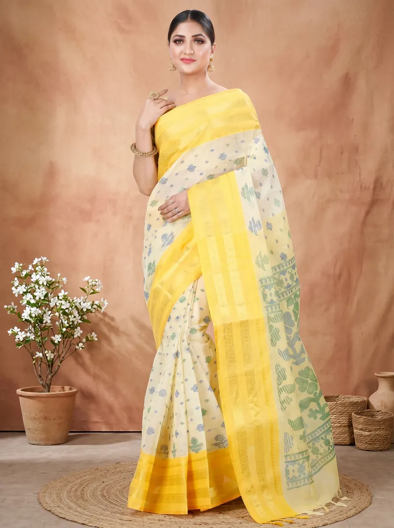 DipDiya Pure Cotton  Traditional Bengali Yellow Artisan Crafted FullBall Print Printed Tant Saree