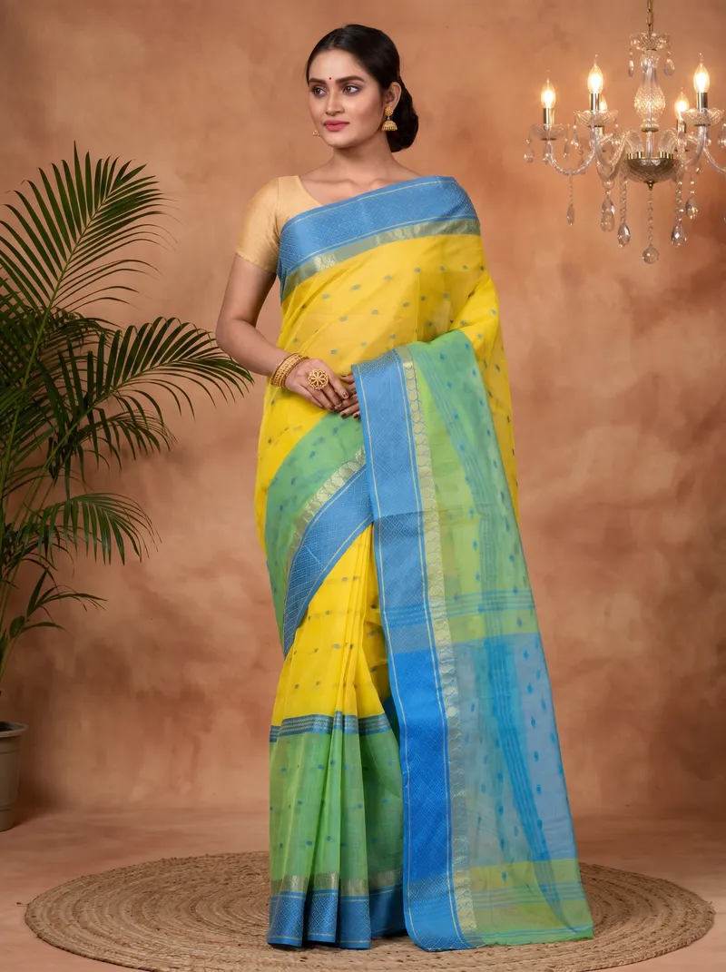 DipDiya Pure Cotton  Traditional Bengali Yellow Artisan Crafted Ganga Jamuna  Tant Saree