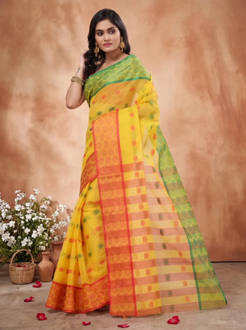 DipDiya Pure Cotton  Traditional Bengali Yellow Artisan Crafted Gangaa Jamuna Tant Saree