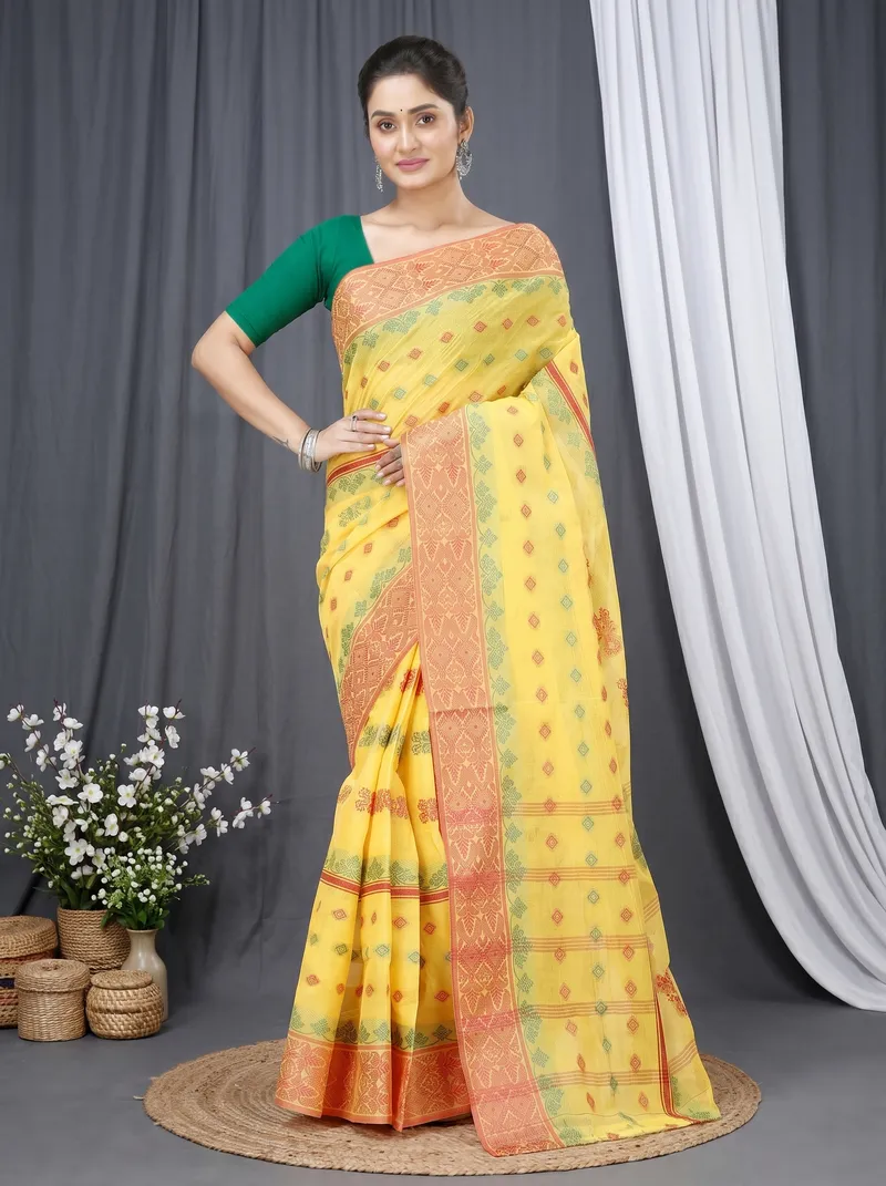 DipDiya Pure Cotton  Traditional Bengali Yellow Artisan Crafted Ghusoon Tant Saree