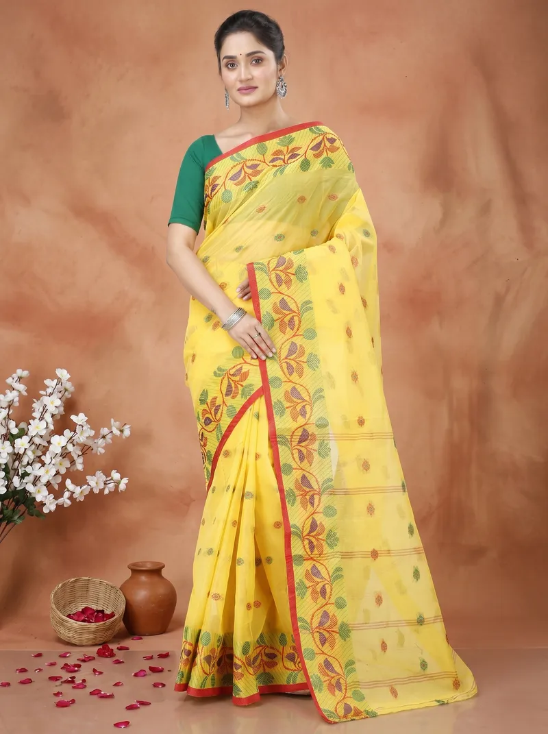 DipDiya Pure Cotton  Traditional Bengali Yellow Artisan Crafted Govindi Tant Saree
