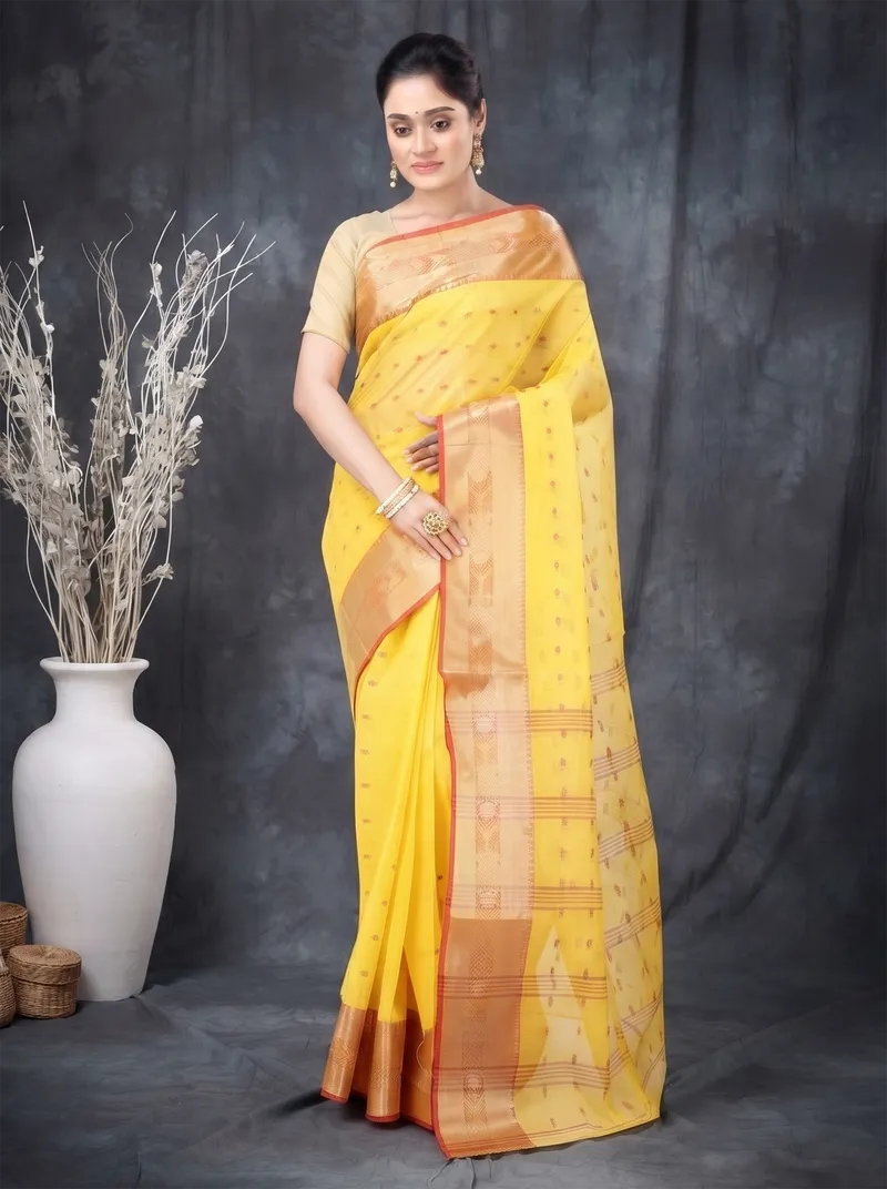 DipDiya Pure Cotton  Traditional Bengali Yellow Artisan Crafted Griva Tant Saree