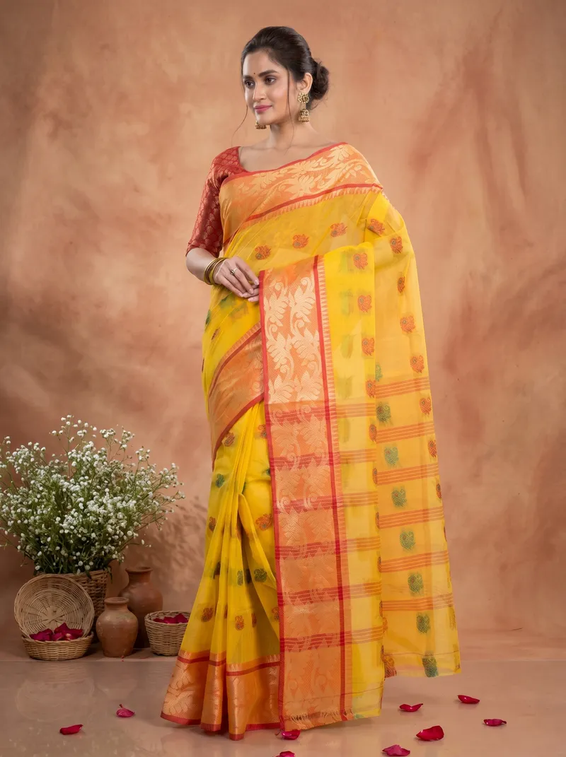 DipDiya Pure Cotton  Traditional Bengali Yellow Artisan Crafted HasFul Tant Saree