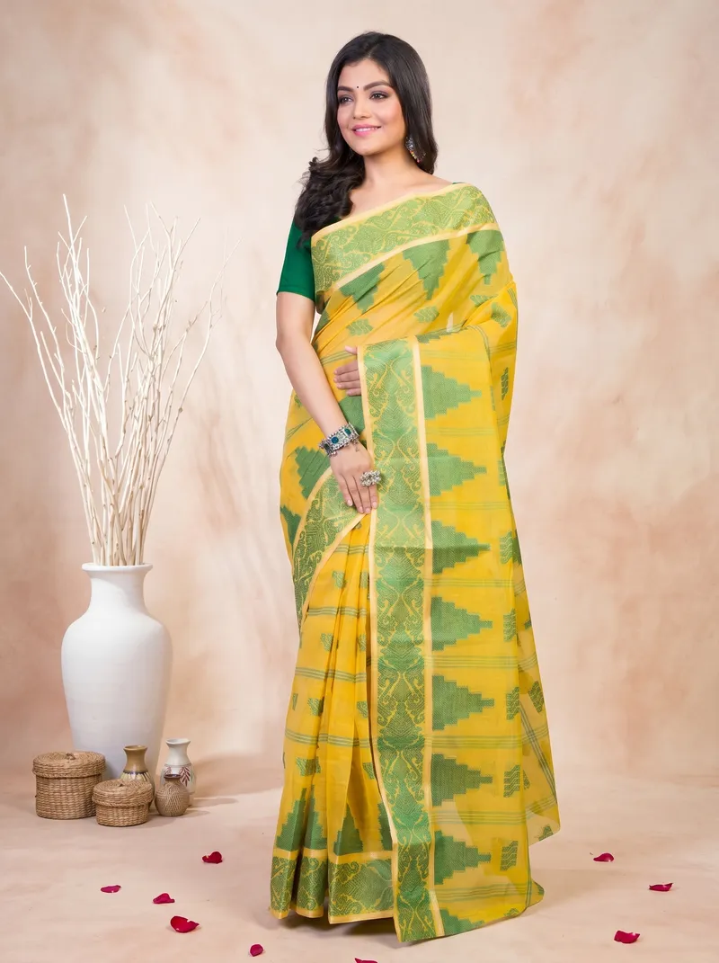 DipDiya Pure Cotton  Traditional Bengali Yellow Artisan Crafted Kamala Desiging Tant Saree