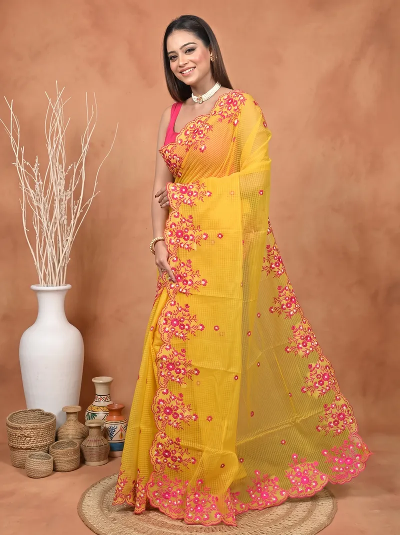 DipDiya Pure Cotton  Traditional Bengali Yellow Artisan Crafted Kotambo Kota Embroidery Saree