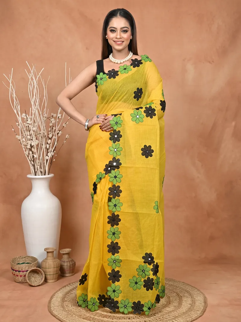 DipDiya Pure Cotton  Traditional Bengali Yellow Artisan Crafted Kotaplik Kota Applique Saree