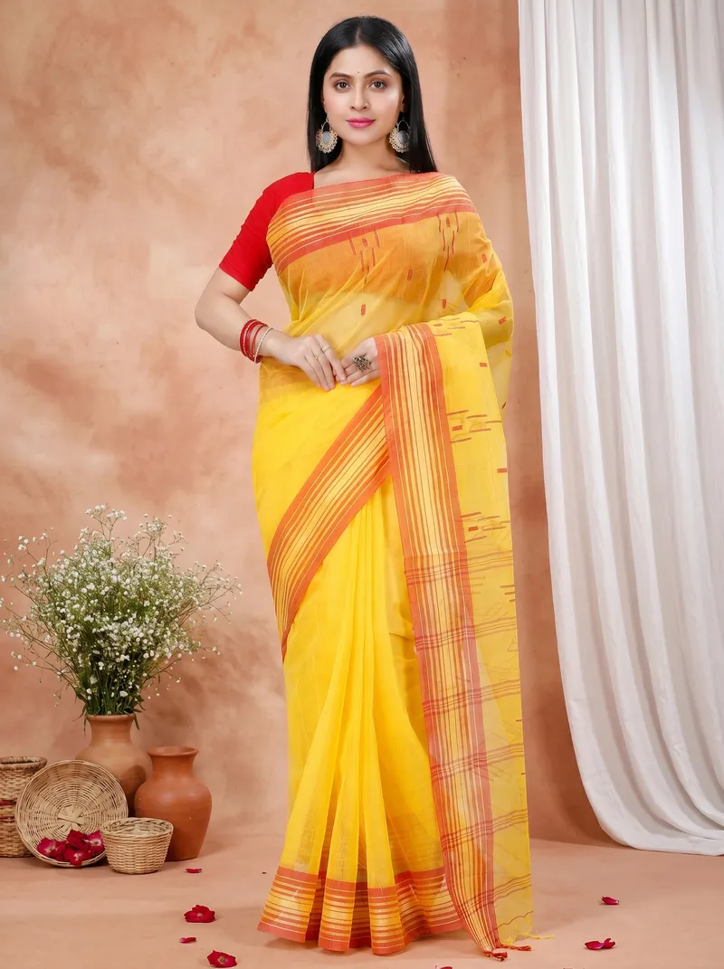 DipDiya Pure Cotton  Traditional Bengali Yellow Artisan Crafted Naman Tant Saree