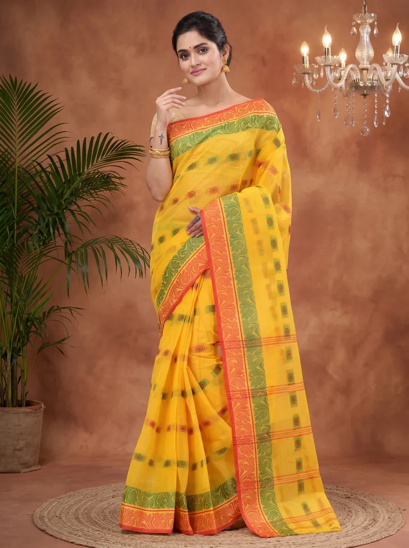 DipDiya Pure Cotton  Traditional Bengali Yellow Artisan Crafted Pushti Desiging Tant Saree