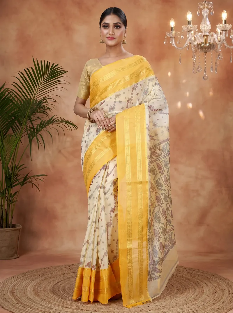 DipDiya Pure Cotton  Traditional Bengali Yellow Artisan Crafted Rashi Print Printed Tant Saree