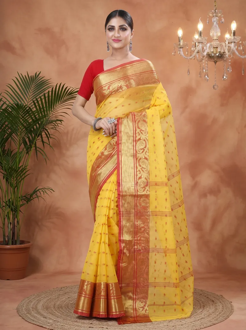 DipDiya Pure Cotton  Traditional Bengali Yellow Artisan Crafted Sachi Tant Saree