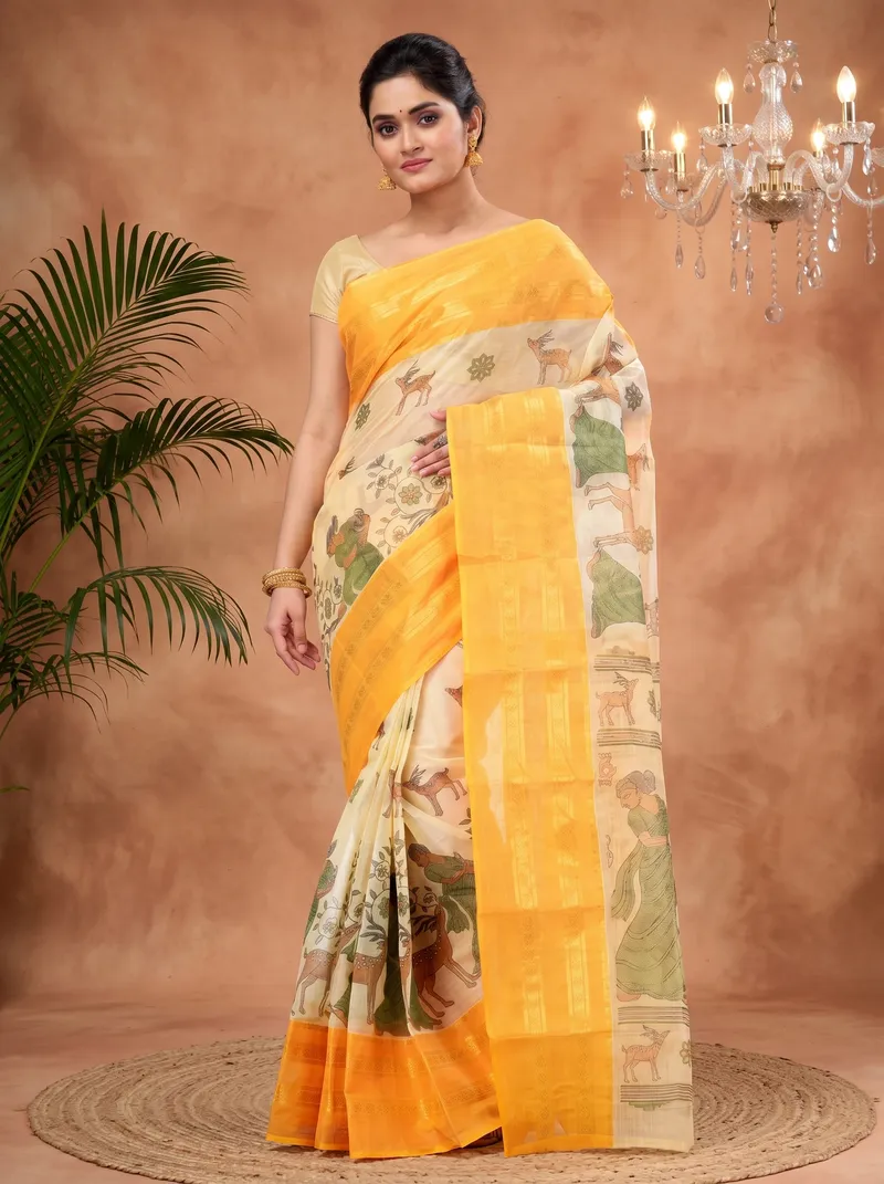 DipDiya Pure Cotton  Traditional Bengali Yellow Artisan Crafted Sakuntala Printed Tant Saree